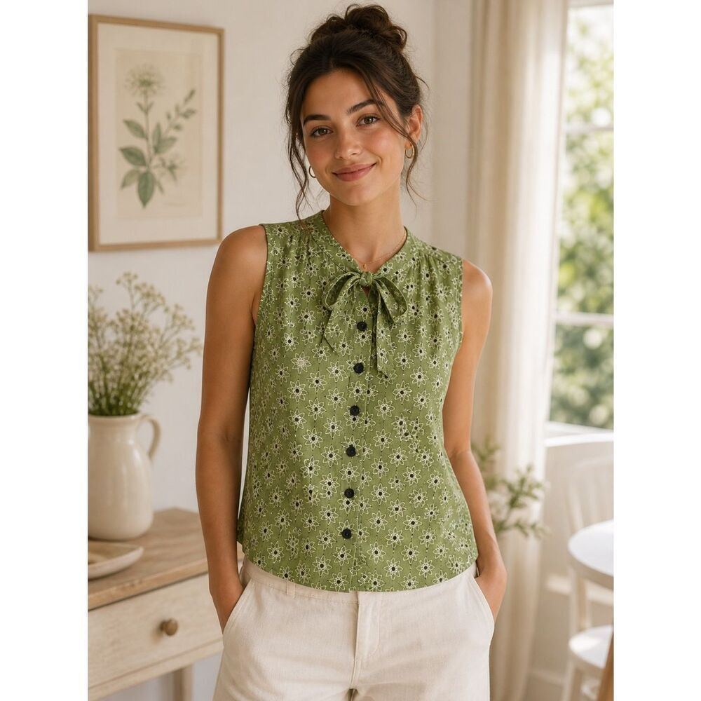Vintage Sleeveless Green Molecular Science Tie-Neck Top